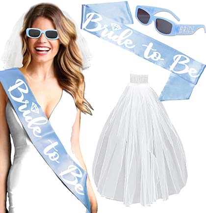 Coastal Blue Bride with Diamond Sash, Sunglass & Veil Set
