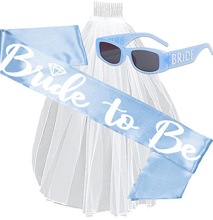Coastal Blue Bride with Diamond Sash, Sunglass & Veil Set