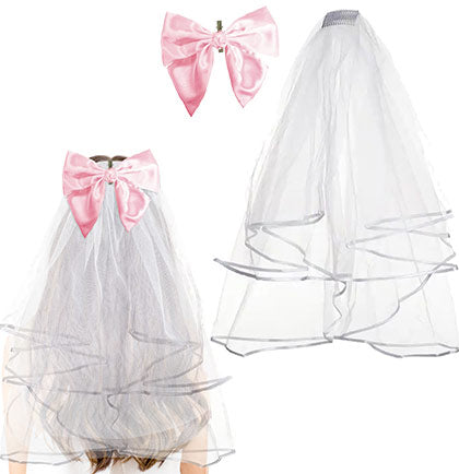 Perfect White Veil with Blush Bow - Set of 2