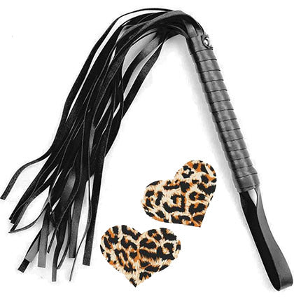 Leopard Print Heart Shaped Pasties &amp; Black Whip Set