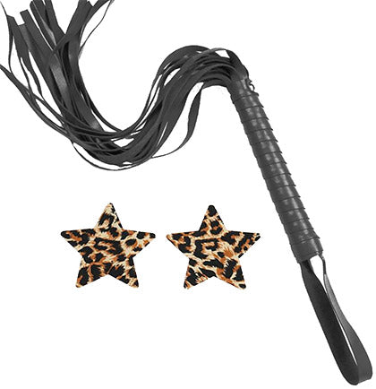 Leopard Print Star Shaped Pasties & Black Whip Set