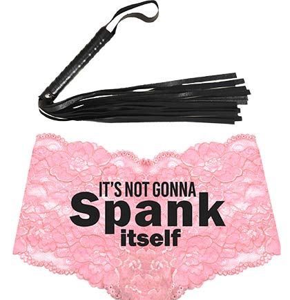 Black Spank Itself Pink Lace Boyshort & Black Whip Set •