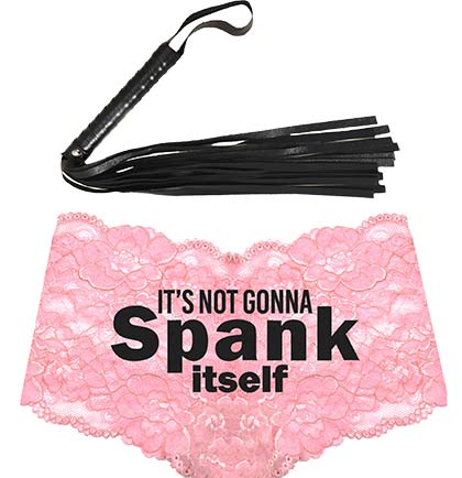 Black Spank Itself Pink Lace Boyshort & Black Whip Set