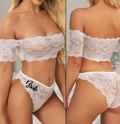Black Glam Bride White Lace Lingerie Set | Honeymoon Lingerie | The House of Bachelorette Black Glam Bride White Lace Lingerie Set | Honeymoon Lingerie | The House of Bachelorette