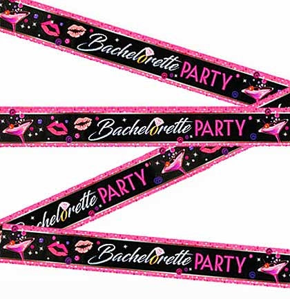 This 19.5ft long plastic streamer says &quot;Bachelorette Party&quot; and features images of martinis and lips. Place it on a wall to decorate a room, or bring it with you to dress up a table at a restaurant or bar.