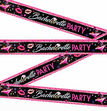 This 19.5ft long plastic streamer says "Bachelorette Party" and features images of martinis and lips. Place it on a wall to decorate a room, or bring it with you to dress up a table at a restaurant or bar.
