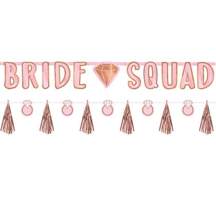 This Bride Squad letter banner is four foot long and is accented with a diamond icon. The tassel banner is five foot long accented with diamond ring icons.