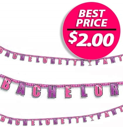 This fun 8.75ft long pink and purple metallic letter banner says BACHELORETTE PARTY. Long enough to place on the wall, hang off a table or bar. 