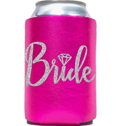 A metallic hot pink can cover with the word &#39;Bride&#39; written in silver glitter, accented with a diamond icon.