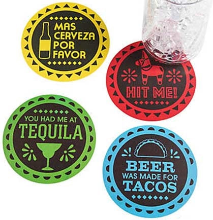 These fun Fiesta coasters are perfect for a Final Fiesta Bachelorette Party! There are four fun sayings for a total set of twelve. The sayings include You Had Me At Tequila, Hit Me, Beer Was Made for Tacos and Mas Cerveza Por Favor! 
