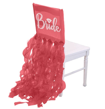 The bride will be the center of attention with this red fun sheer chair cover! Made of sheer organza, rhinestones spell out BRIDE in a pretty cursive font accented with a silver glitter diamond icon! 