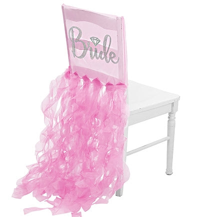 The bride will be the center of attention with this fun pink sheer chair cover! Made of sheer organza, rhinestones spell out BRIDE in a pretty cursive font accented with a silver glitter diamond icon! 