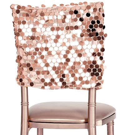 The perfect way to add some glitz and glam to the bachelorette party is with this Rose Gold Payette Chair Cap! Made of shiny rose gold payette sequins on mesh, the chair cap will add the sparkle you're looking for. 