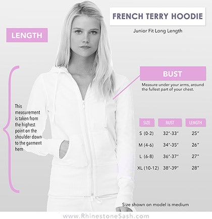 This hoodie has a glitter graphic on the front that says Bride in silver.  This french terry hoodie is 95% cotton and 5% spandex. 