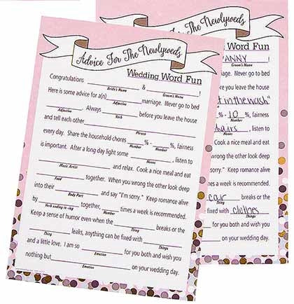 This Newlywed Advice game is just like mad libs where you fill in words for a fun icebreaker. Comes with twelve cards to come up with some funny or sage advice. Perfect for bachelorette parties, bridal showers or the wedding reception.