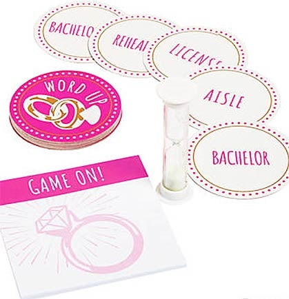 Create fun for your bachelorette party or bridal shower with this Guessing Game Kit. The kit comes with twenty-five different cards the guests have to guess, one notepad and one sand timer. Divide into two or more teams and have someone verbally or act out the clue for their team to guess. Try to guess as many right answers within 60 seconds, which you can time with the provided sand timer. Once the 60 seconds are up the next team goes. Whichever team has the most correct guesses at the end wins! 