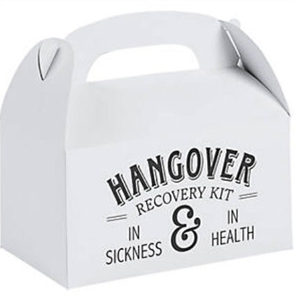 This fun gift box is a great way to package hangover kits for the guests for the next day! This white and black 6.25"x3.5"x5" cardstock box says Hangover Recovery Kit In Sickness & In Health. It's big enough to include all the staples of recovering from a night of partying. 