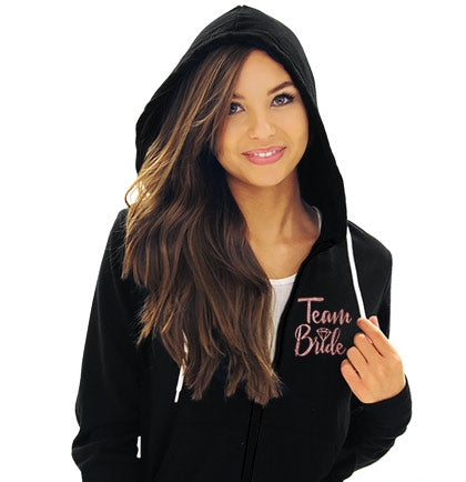 Front Team Bride Rose Gold Lightweight Black Hoodie