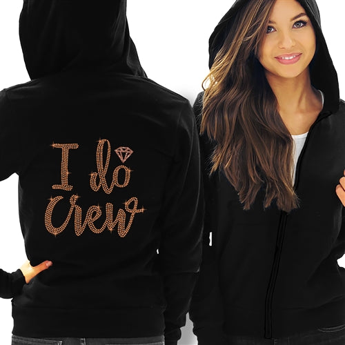 I Do Crew Diamond Rose Gold Rhinestud Lightweight Black Hoodie