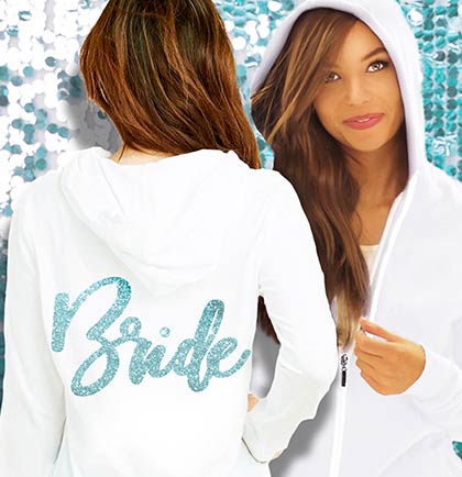 White lightweight hoodie with an aqua glitter Bride graphic on the back. 