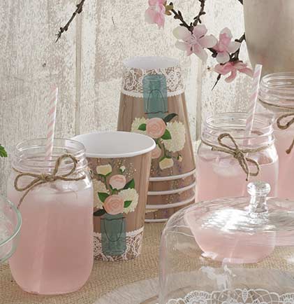 These paper cups are perfect for a rustic themed bachelorette party or bridal shower. The party cups have a natural wood print and feature a floral bouquet and accented with a lace pattern trim. Make sure to get the rest of the Rustic Wedding tableware! 