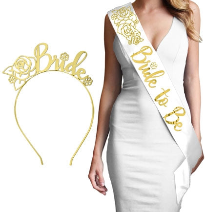 White & Gold Floral Luxury Bride Headband & Sash Set