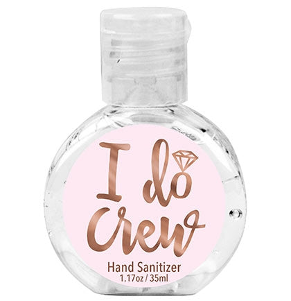 The 62% alcohol sanitizing gel says "I Do Crew"! This fun hand sanitizer makes the perfect favor for the crew at rose gold themed bachelorette party!