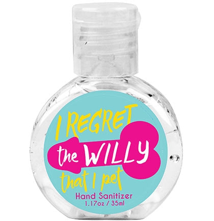 The colorful sanitizing gel says I REGRET THE WILLY THAT I PET and is accented by a pink pecker! This funny 62% alcohol hand sanitizer makes the perfect compliment to a wild and crazy bachelorette party!