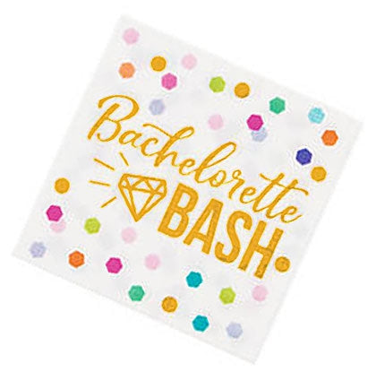 These napkins say Bachelorette Bash in gold lettering along with a diamond shape and colorful confetti. Pair the napkins with the rest of the collection to make a fun bold statement!