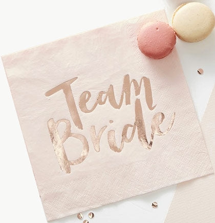 These simple, but gorgeous luncheon napkins are perfect to host a Bachelorette Party or Bridal Shower. The pretty rose gold paper napkin say Team Bride in a shiny metallic rose gold.
