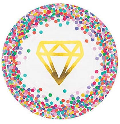 These colorful 9&quot; dinner plates have a gold foil diamond icon in the center surrounded with printed multi-colored confetti. 