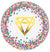 These colorful 9" dinner plates have a gold foil diamond icon in the center surrounded with printed multi-colored confetti. 