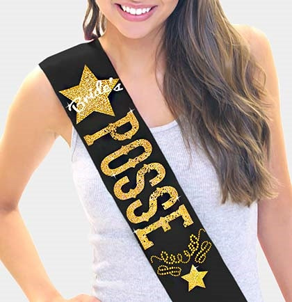 Bride's Posse Gold Glitter & Rhinestud Sash •
