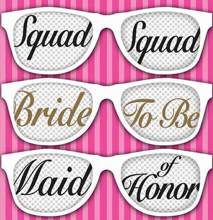 The plastic mesh sunglasses say BRIDE, MAID OR HONOR and SQUAD! The set of 6 comes with one Bride, one Maid of Honor and four Squad. Perfect for a Tropical Bachelorette Party and lounging by the pool.