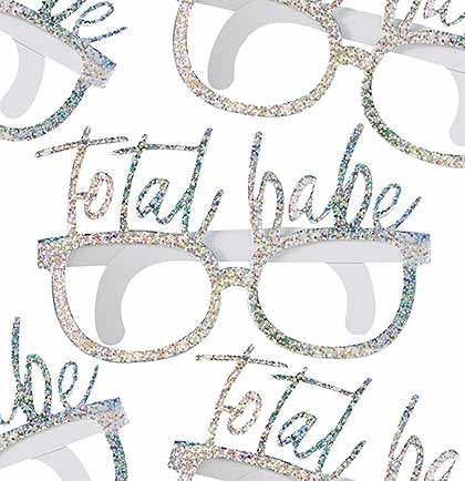 These die-cut cardstock glasses are the perfect accessory to wear during the bachelorette party. This set of 8 glasses says Total Babe in a silver holographic print! 