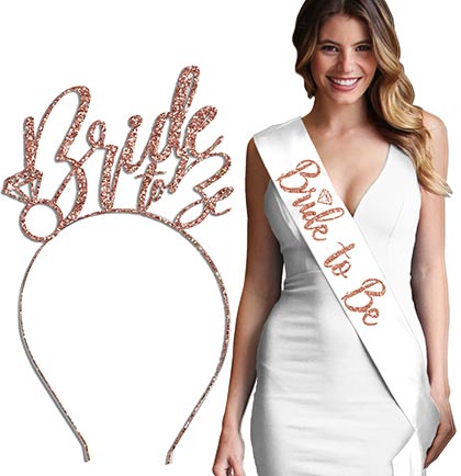 Bride to Be Diamond Rose Gold White Sash &amp; Glam Headband Set