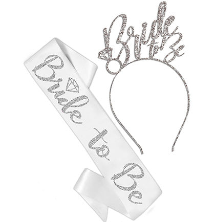 Bride to Be Silver Diamond White Sash &amp; Glam Headband Set