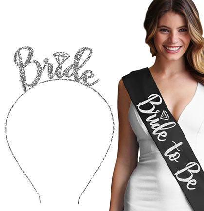 Silver Diamond Luxury Bride Headband &amp; Sash Set