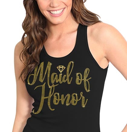 Maid of Honor Diamond Gold Rhinestud Tank: Black - 2XL •