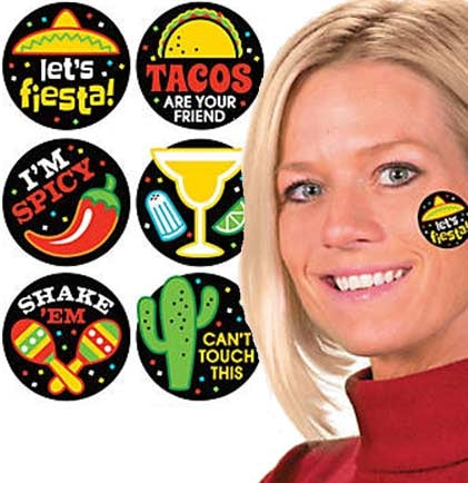 Having a Final Fiesta Bachelorette Party? This set of six fun colorful temporary fiesta tattoos make the perfect bachelorette party accessory for the guests.