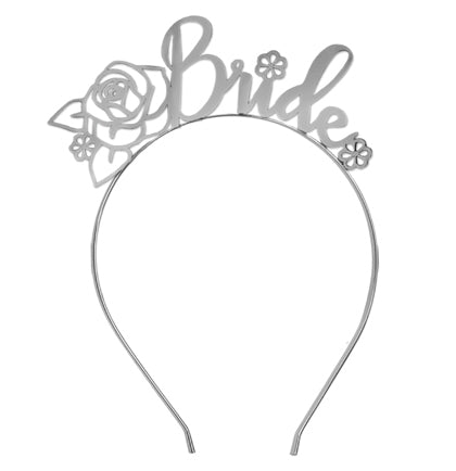 Floral Bride Metallic Silver Headband &amp; White Veil - Set of 2