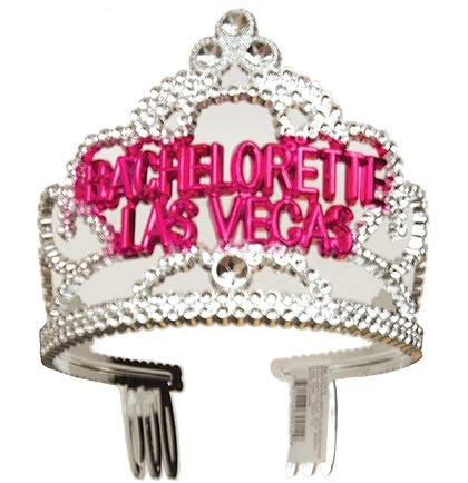 Heading to Vegas for your Bachelorette party?! Then this is the tiara for you! The silver colored plastic tiara is accented with pink letters "Bachelorette Las Vegas". 