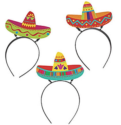 This set of three plastic headbands have a multi-colored paper sombrero on boppers. Get a few sets for guests at the party to wear all night or create a photo booth with props. 