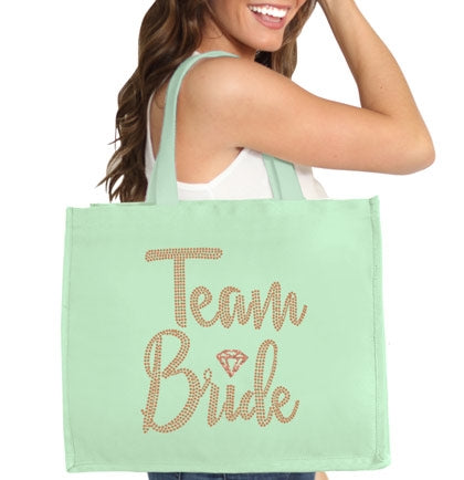 Team Bride Diamond Rose Gold Rhinestud Large Canvas Tote