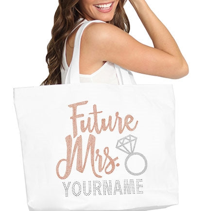 Future Mrs. Custom Rose Gold & Rhinestone Large Canvas Tote