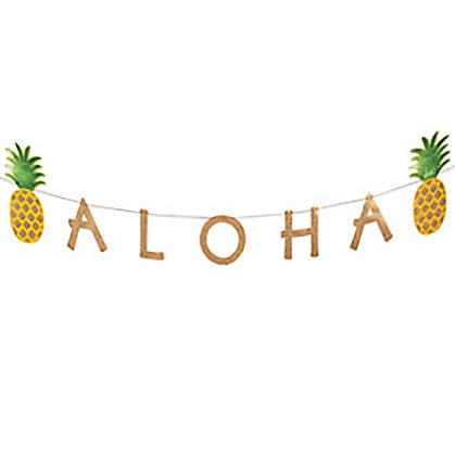 The 7ft long banner will transform a space in a fun and inexpensive way. The banner is stringed up on a piece of twine and says ALOHA accented with two pineapples.