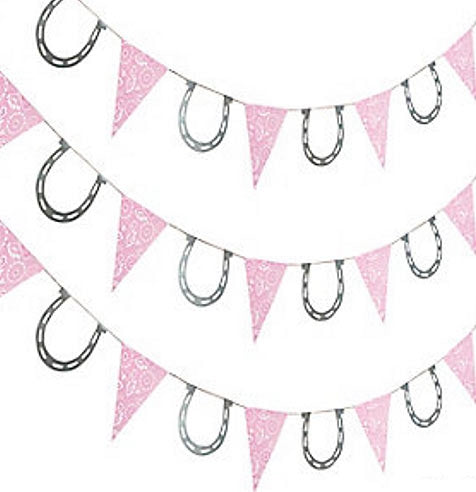 Decorate a western cowgirl bachelorette party with this fun pennant banner! The 7ft long banner has pink bandana print pennants and grey horseshoes! 