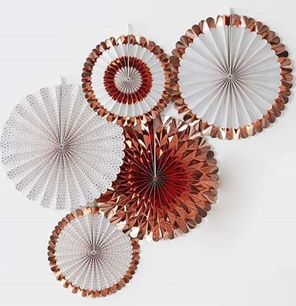 Planning to have a rose gold themed bachelorette party or bridal shower to celebrate the bride? The various sized jumbo rose gold hanging fans will create the right amount of drama! 