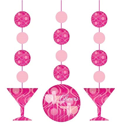 Cheers! These fun set of three danglers will add just the right touch to your bachelorette party. The danglers feature pink martini glasses and circles bubbles.