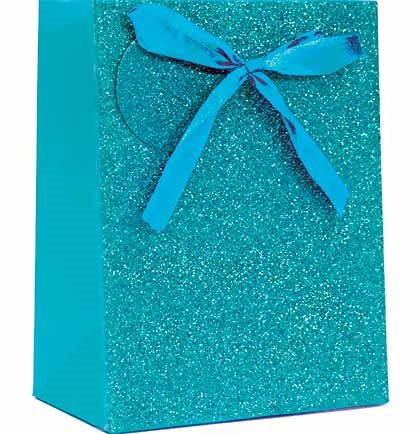 This fun 9" Turquoise Blue Glitter Gift Bag features a real satin bow and a matching gift tag! 